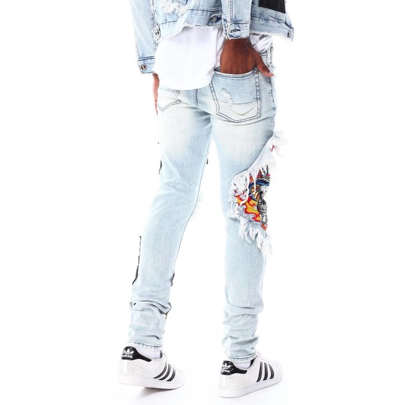 GFTD LA Los Angeles Men's Ezra Skinny Fit Embroidered Skull Distress Rip Jeans - Picture 3 of 6